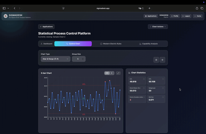Animated demonstration of enabling Western Electric Rule violation detection in SIGMADESK on an Xbar-R Chart